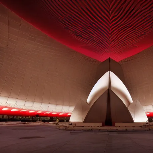 Image similar to futuristic lotus temple space station with gold, red and white marble panels, by buckminster fuller and syd mead, intricate contemporary architecture, photo journalism, photography, cinematic, national geographic photoshoot