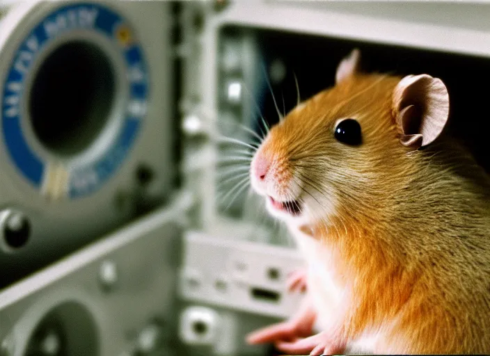 Image similar to film still of a hamster working for mission control at nasa, 8 k