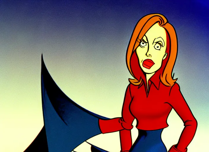 Image similar to dana scully in dragon's lair, shaded cartoon cel, animation model, sharp detail, thin linework, beautifully animated, technically accurate, realistic anatomy, in the style of don bluth, filmation, toei animation, studio trigger, 5 k, hd