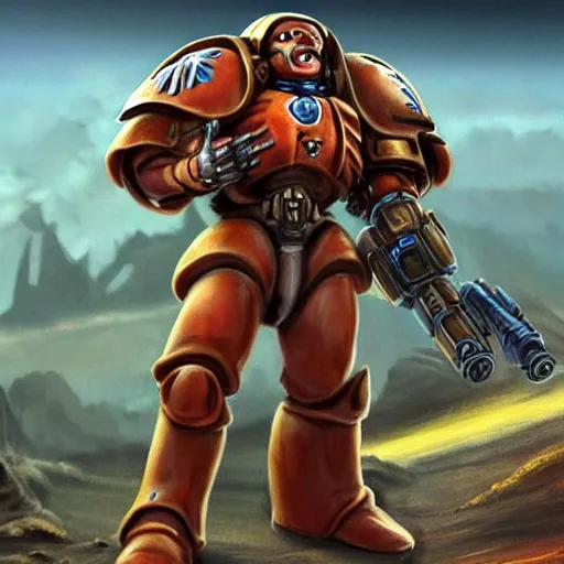 Image similar to Dachshund as a space marine from Starcraft 2 standing on a hill with a heroic pose concept art