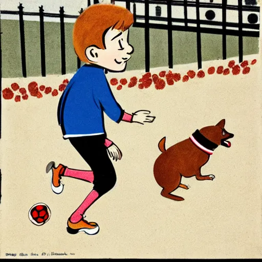 Image similar to book illustration of a french boy on the streets of paris playing football against a corgi, the dog is wearing a polka dot scarf, 1 9 6 6