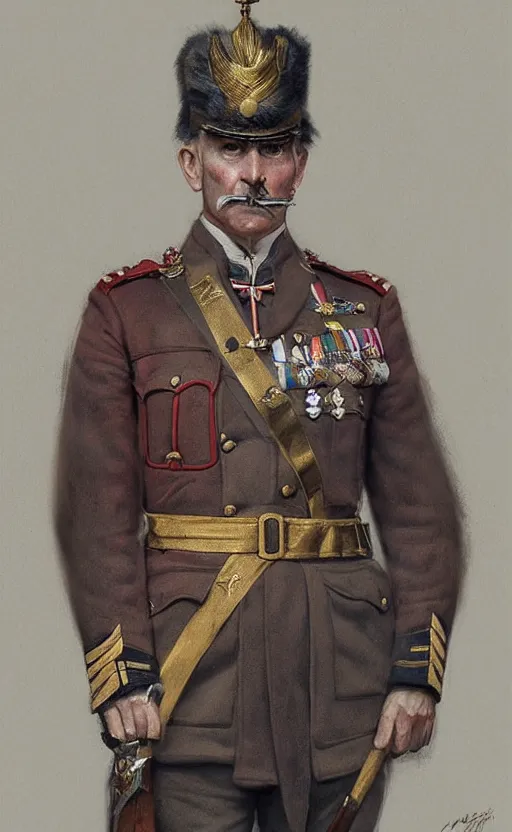 Prompt: portrait of a wwi british general wearing ceremonial uniform, male, detailed face, 2 0 th century, highly detailed, cinematic lighting, digital art painting by greg rutkowski