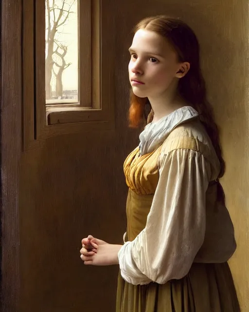 Image similar to a window - lit realistic portrait painting of a thoughtful girl resembling a young, shy, redheaded alicia vikander or millie bobby brown wearing peasant clothes by an open window, highly detailed, intricate, concept art, artstation, by donato giancola, vermeer, and william bouguereau