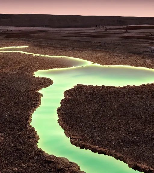 Image similar to hyperealistic render of a bioluminescent white bioremediation architecute in the mining tailings atacama desert, uhd, high detail, corona render, unreal engine, ue 5, vray by peter zumthor, trending on artstation