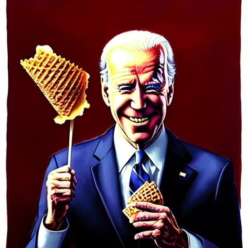 Prompt: epic Joe Biden eating a waffle cone in pandemonium, demons and souls, portrait, art by Wayne Barlowe, oil on canvas