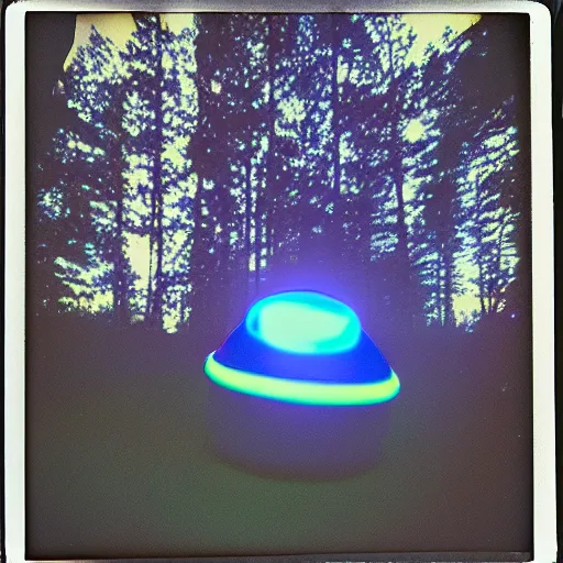 Image similar to a ufo with glowing lights flying over a forest at night, old polaroid, expired film,