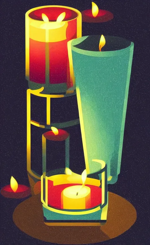 Prompt: illustration with beautiful scented candles, close - up photo in cozy interior, candle lighting, shadow play, light refraction, mirror, glowing, an art deco painting by tom whalen, trending on behance, art deco, digital illustration, storybook illustration, grainy texture, flat shading, vector art, airbrush, pastel, watercolor, poster