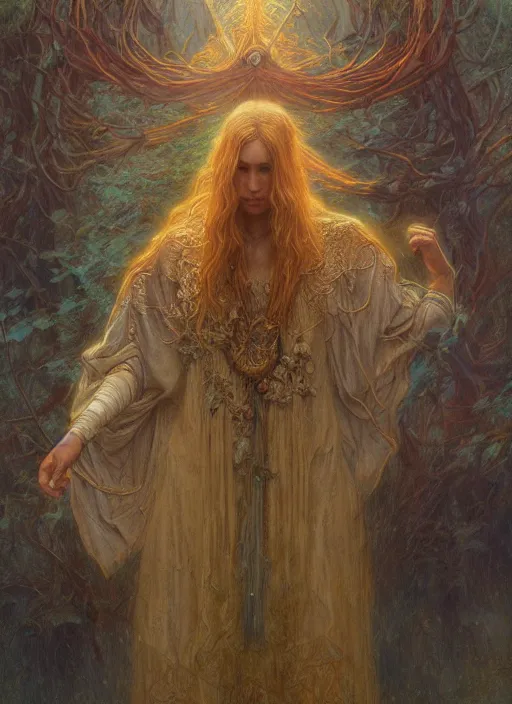 Prompt: A druid, by Jean Delville and Sophie Anderson and Mandy Jurgens, golden ratio, perfect composition, elegant, no crop, extremely detailed, hd, masterpiece, artstation