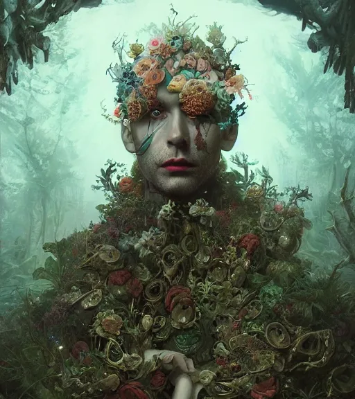 Prompt: portrait of the supreme king of the underworld, cryptic, mysterious, surrounded by skulls and overgrowth and flowers and cords, mist by karol bak, James Jean, tom bagshaw, rococo, trending on artstation, cinematic lighting, hyper realism, octane render, 8k, hyper detailed.