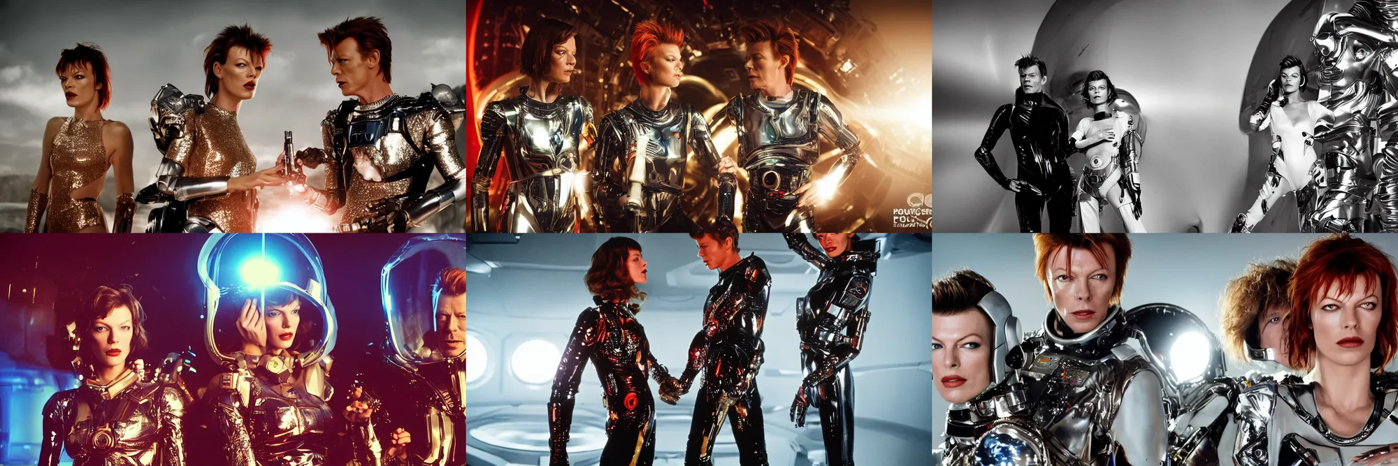 Prompt: a portrait of milla jovovich and david bowie wearing a rocknroll glitzy glamour spacesuit, beautiful, heroic action pose, a friendly android, stunning alien landscape, cinematic, dramatic studio lighting, 5 5 mm f 1. 4 lens wide shot, in the style of kubrick, ridley scott, jodorowsky, dune, star wars, unreal engine