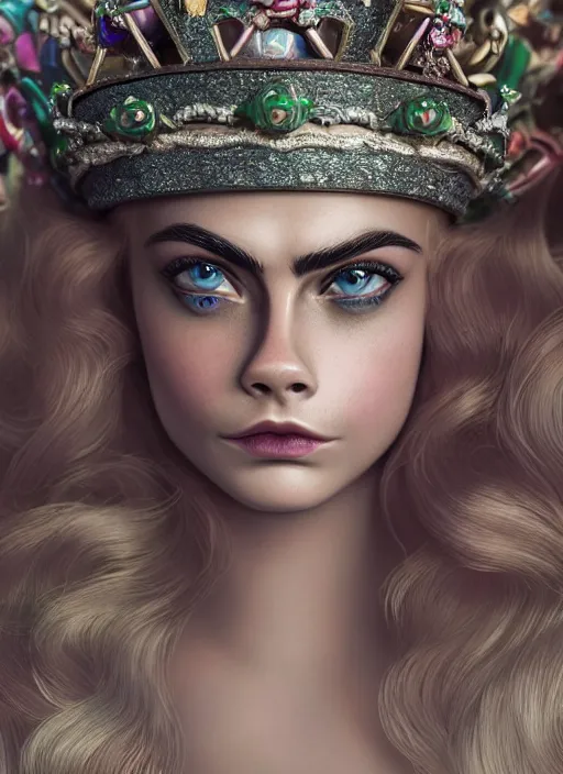 Prompt: closeup face profile portrait of a tin toy cara delevingne as a fairytale princess wearing a crown, bikini, depth of field, zeiss lens, detailed, symmetrical, centered, fashion photoshoot, by nicoletta ceccoli, mark ryden, lostfish, breathtaking, 8 k resolution, extremely detailed, beautiful, establishing shot, artistic, hyperrealistic, octane render