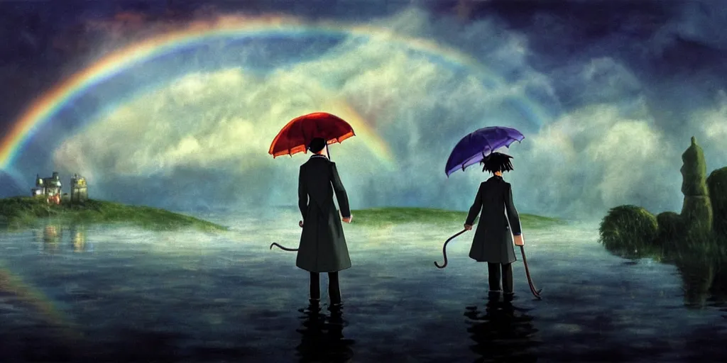 Image similar to a realistic and atmospheric cell - shaded concept art from howl's moving castle ( 2 0 0 4 ) of a rainbow colored ufo in the air. a man with an umbrella is standing in a flooded parking lot. it is a misty starry night. very dull muted colors, hd, 4 k, hq