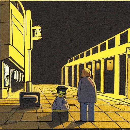 Prompt: a some people waiting in a lone bus stop in quiet dark city night in The Simpsons