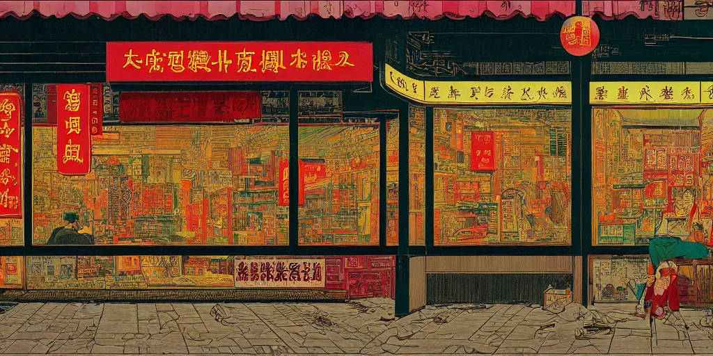 Image similar to a shop window in hong kong, by dan mumford and peter doig and edward hopper, minimal, black in, thick lines highly detailed, muted colours, overlaid with chinese adverts, 8 k