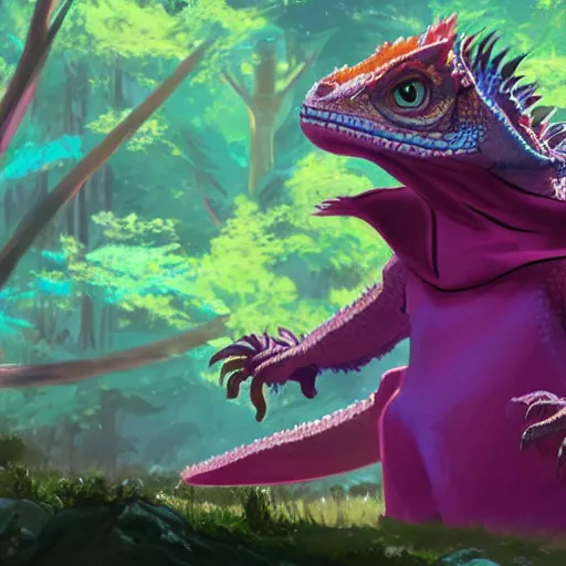 Prompt: concept art painting of an anthropomorphic bearded dragon scalie wearing magenta wizard robes, in the deep forest, realistic, detailed, cel shaded, in the style of makoto shinkai and greg rutkowski and james gurney