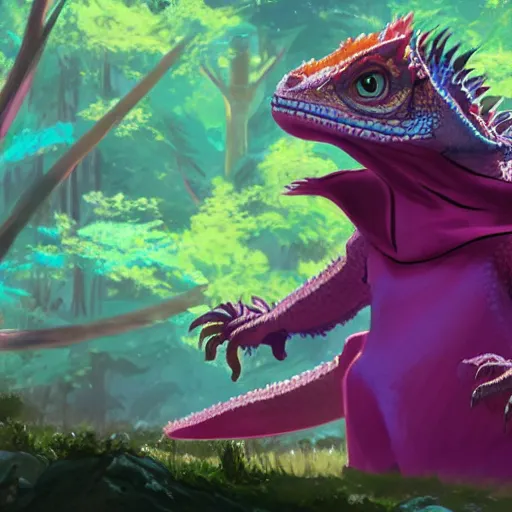 Image similar to concept art painting of an anthropomorphic bearded dragon scalie wearing magenta wizard robes, in the deep forest, realistic, detailed, cel shaded, in the style of makoto shinkai and greg rutkowski and james gurney