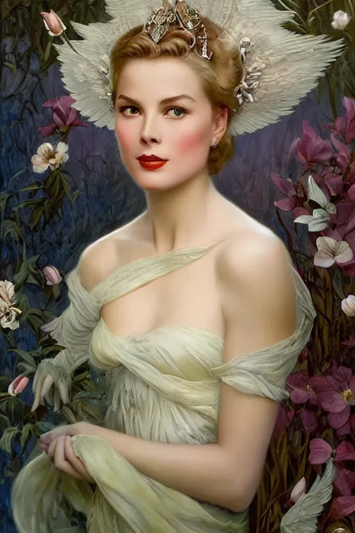 Image similar to A young and extremely beautiful Grace Kelly explaining the birds and the bees by Tom Bagshaw in the style of a modern Gaston Bussière, art nouveau, art deco, surrealism. Extremely lush detail. Night scene. Perfect composition and lighting. Profoundly surreal. Lush surrealistic photorealism. Sultry and mischevious expression on her face.