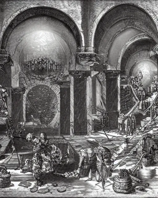 Prompt: a party of adventurers in an endless dungeon by Piranesi