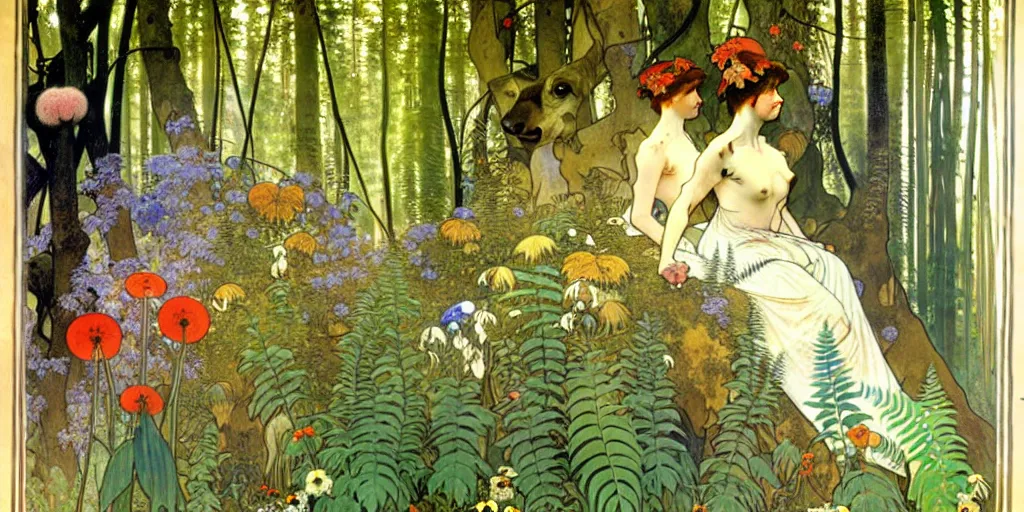 Image similar to a beautiful painting of wild animals in the woods with vines and ferns and flowers, painted by carl larsson and alphonse mucha