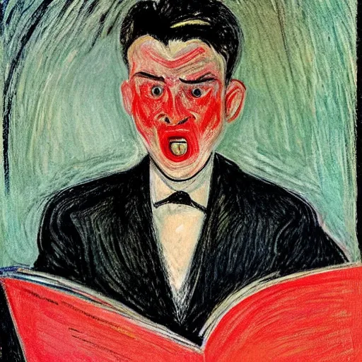 Image similar to a man pulls out his hair while reading a magazine, in the style of screaming, author edvard munch