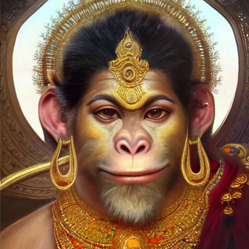 Prompt: ultra realistic illustration, ramamayana hanuman, intricate, elegant, highly detailed, digital painting, artstation, concept art, smooth, sharp focus, illustration, art by artgerm and greg rutkowski and alphonse mucha