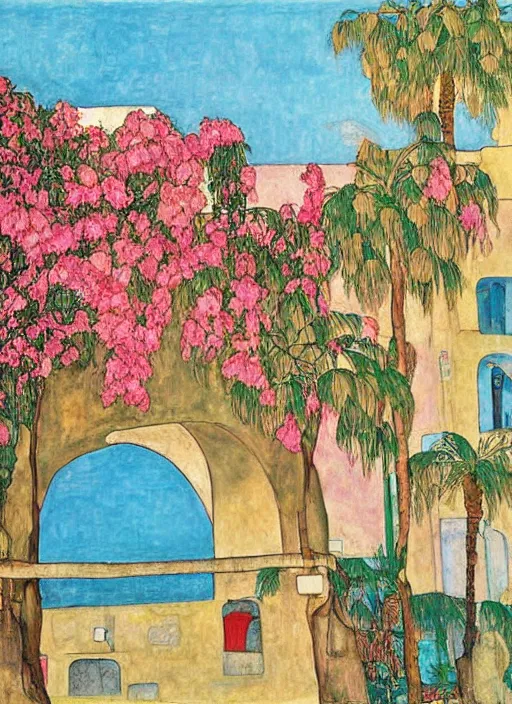 Image similar to ahwaz city in iran with a big arch bridge on local river, 2 number house near a lot of palm trees and bougainvillea, hot with shining sun, painting by egon schiele