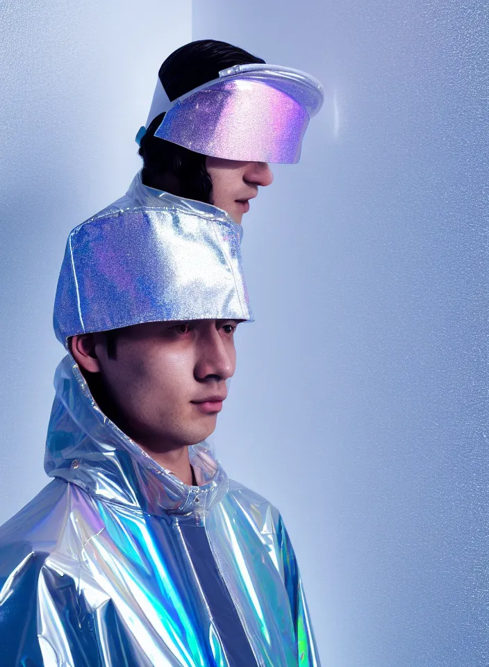 Image similar to an ultra high definition professional studio quality photograph of a single android influencer with silver skin wearing a transparent iridescent pastel coloured visor and matching wavey raincoat on white hook in a sheer icelandic black rock environment. three point light. dramatic lighting. volumetric shadows. light rays