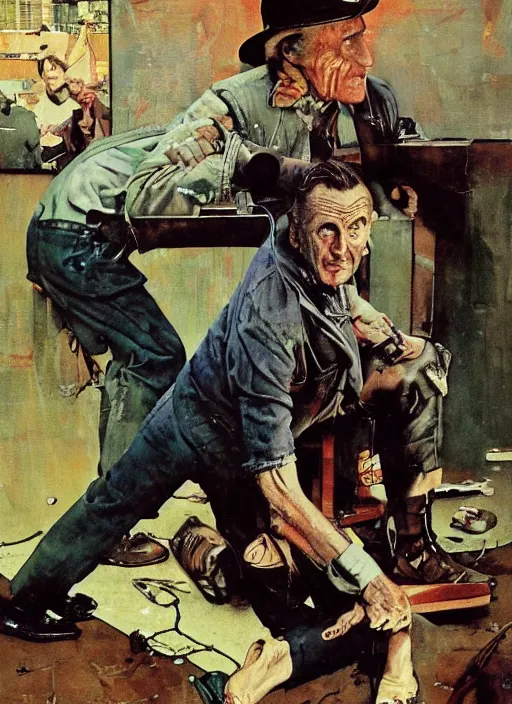 Image similar to dennis hopper crawling around on the floor, painted by norman rockwell and phil hale and rick berry and tom lovell and frank schoonover, green, dystopian