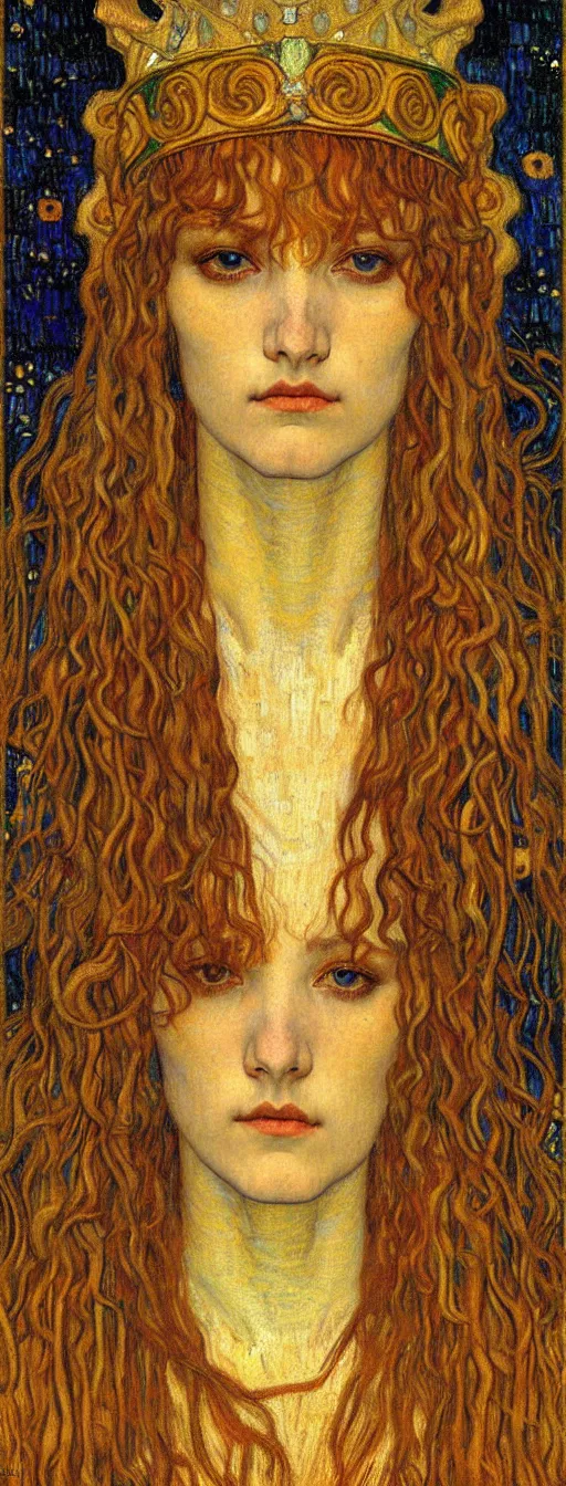 Image similar to detailed realistic beautiful young medieval queen face portrait by jean delville, gustav klimt and vincent van gogh, art nouveau, symbolist, visionary, gothic, pre - raphaelite, muted earthy colors, desaturated