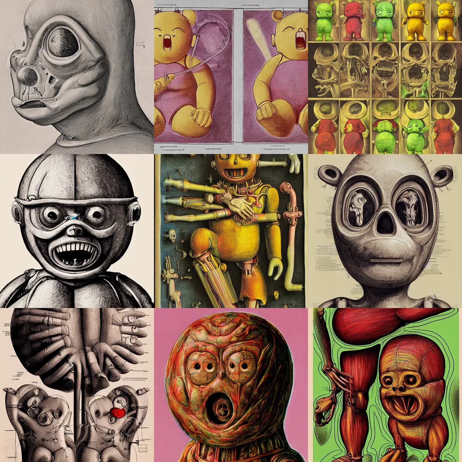 Prompt: a cross section of teletubbies by andreas vesalius, side view, lengthwise, wide angle, biomechanical, painting, horrific, scary, disturbing