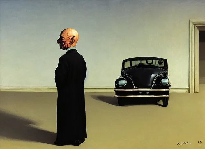 Image similar to aslouchy elegant old man with a black balloon stands at citroen ds 1 9 in grim rome, highly detailed, soft lighting, elegant, by edward hopper and james gilleard, zdzislaw beksinski, steven outram, highly detailed