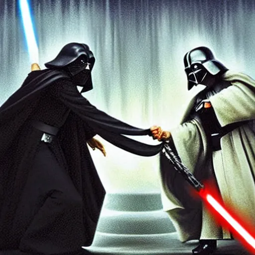 Image similar to gandalf fighting darth vader,