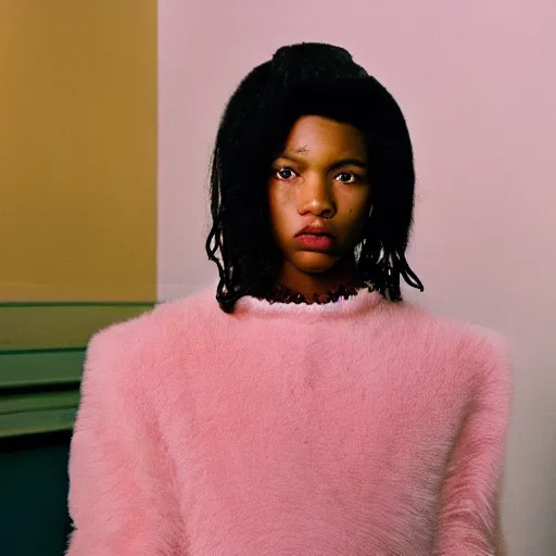 Image similar to realistic photoshooting for a new balenciaga lookbook, color film photography, portrait of a beautiful woman, set design by wes anderson, in style of Tyler Mitchell, 35mm,