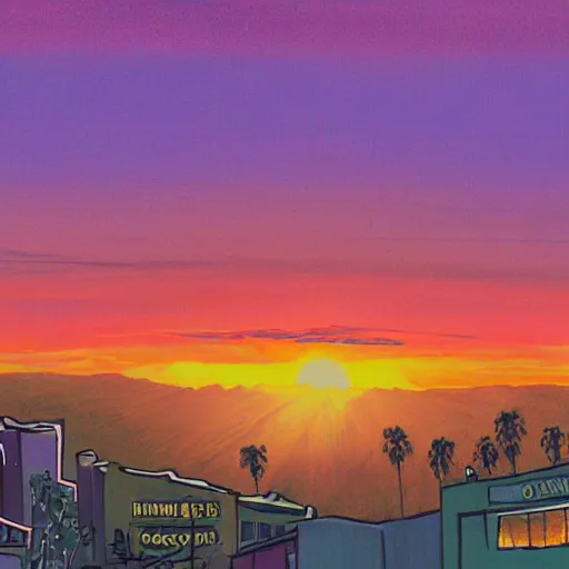 Prompt: a beautiful illustration of a sunset over Hollywood by Art Fitzpatrick