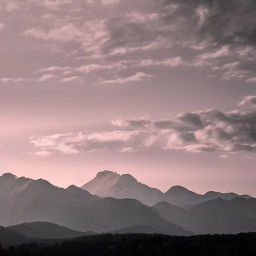 Image similar to silhouette of mountains made of light!!! bright cloudy sky, art photograph