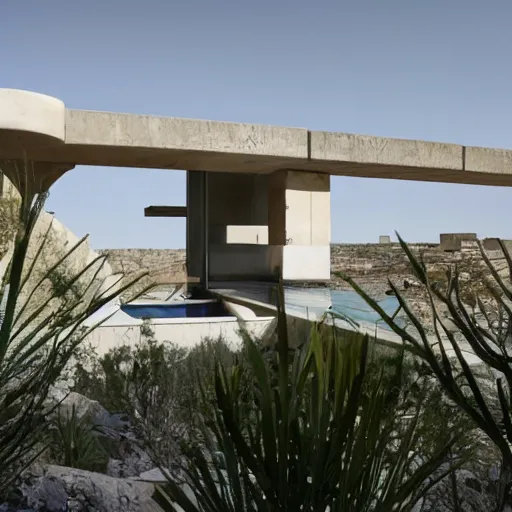 Image similar to habitat 6 7 in the desert, biophilia mood, pool, garden