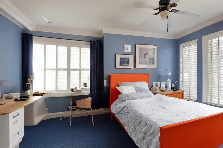 Prompt: a 10 by 11 foot room with white with a criss cross pattern in blue grey walls, white ceiling, navy blue carpet, a small bed, desk, two wooden wardrobes, a little side table in a light wood veneer, a window, desk fan, table light, and an old TV, and a ceiling fan gives off a dim orange light. Old