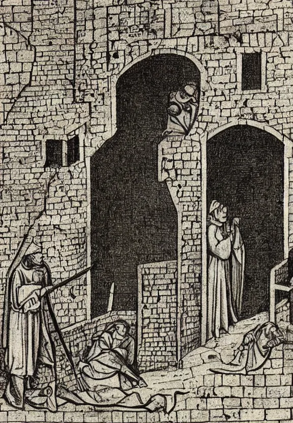 Prompt: Clear and detailed medieval illustration of a medieval jail