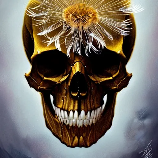 Image similar to honey dandelion skull, intricate, elegant, highly detailed, digital painting, artstation, concept art, smooth, sharp focus, illustration, by anato finnstark, boissb - blanca. j, cindy avelino, clint cearley, anna podedworna