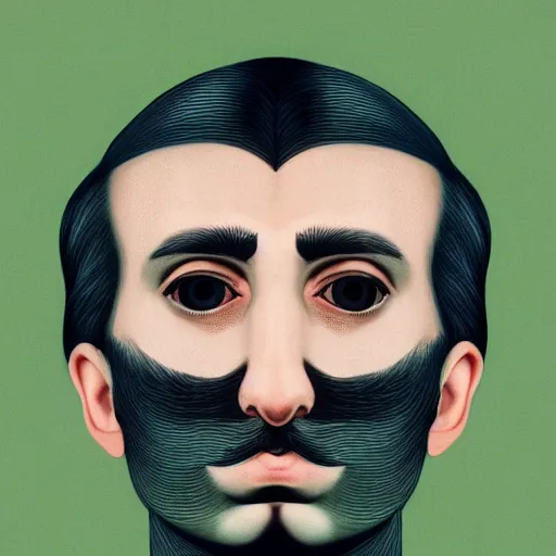 Image similar to young man, long hair, short facial hair, no mustache, dark green eyes, dark eyebrows, light widows peak light facial hair, in the style of mauritz cornelis escher, 8 k, raw, unedited, symmetrical balance, in - frame