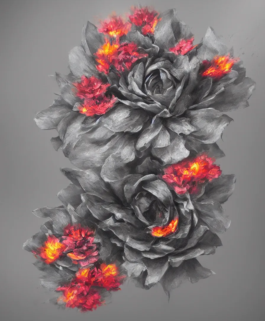 Prompt: close up, hyper realistic charcoal flower with fire texture on the petals, beaultiful background, vibrant colors, bokeh, illustrated by greg rutkowski, beautiful volumetric lighting, intricate, ultra detailed, photorealistic, trending on artstation, octane render, 8 k