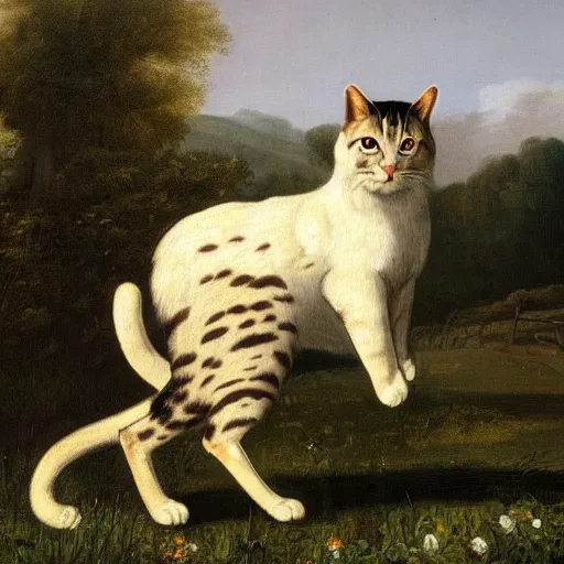 Prompt: oil painting by george stubbs of a giant cat standing in a meadow with a man wearing 1 8 th century clothing.