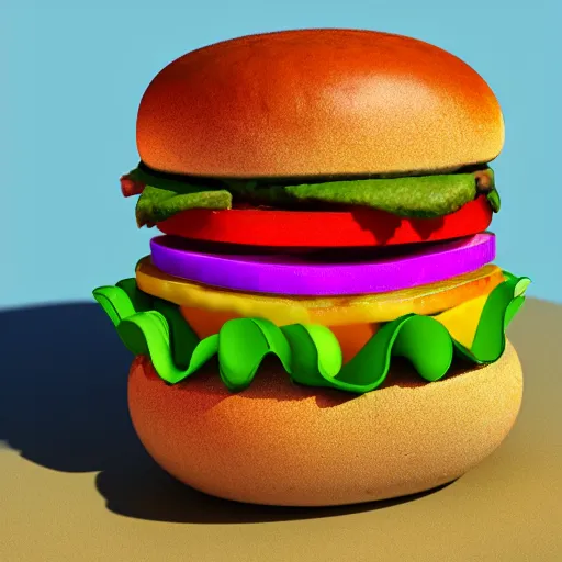Prompt: 3 d render of rainbow burger, sunny day