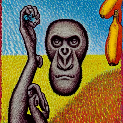 Image similar to photorealistic australopithecus holding a banana in modern - day france. by paul signac