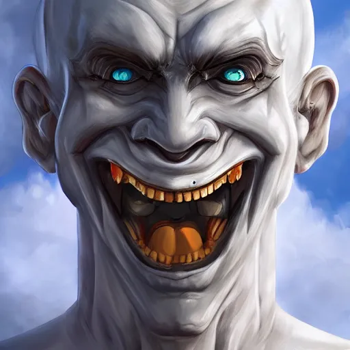 Image similar to cloud homogeneous to a human face, grinning sinisterly, pareidolia art style, trending on artstation, 4 k quality