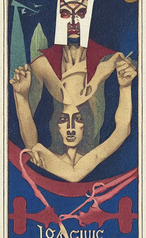 Prompt: an occult tarot card, the magus with a beautiful face, rule of thirds, pointing up and pointing down, knives, clever design, oval ornate modern graphic design border, minimal, flat colors, tarot card, by hannah hoch and jesse treece and christian jackson and josh brill