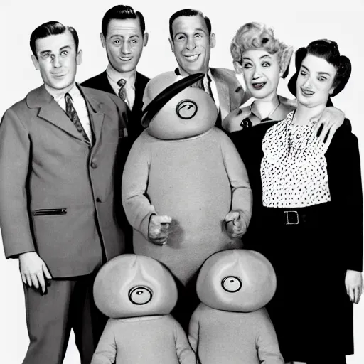 Image similar to 5 0 s family sitcom about a traditional american family, with every part played by 6 - foot - tall tardigrades wearing human clothes.