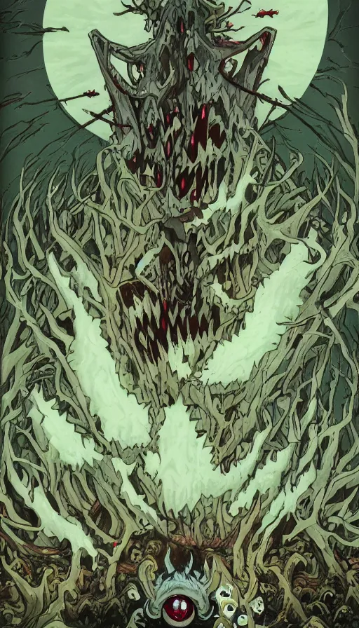 Image similar to a storm vortex made of many demonic eyes and teeth over a forest, by gainax co,