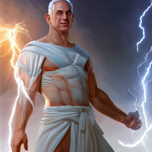 Image similar to benjamin netanyahu as the greek god of lightning, lightning bolts, highly detailed, ultra clear, by artgerm and greg rutkowski