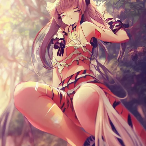 Image similar to beautiful anime art of a tiger neko girl character by WLOP rossdraws Logan Cure Mingchen Shen BangkuART sakimichan yan gisuka JeonSeok Lee